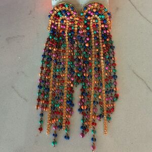 NWT ANTHROPOLOGIE Crystal Crescent 14k Gold Plated Dangle Earrings Multicolor